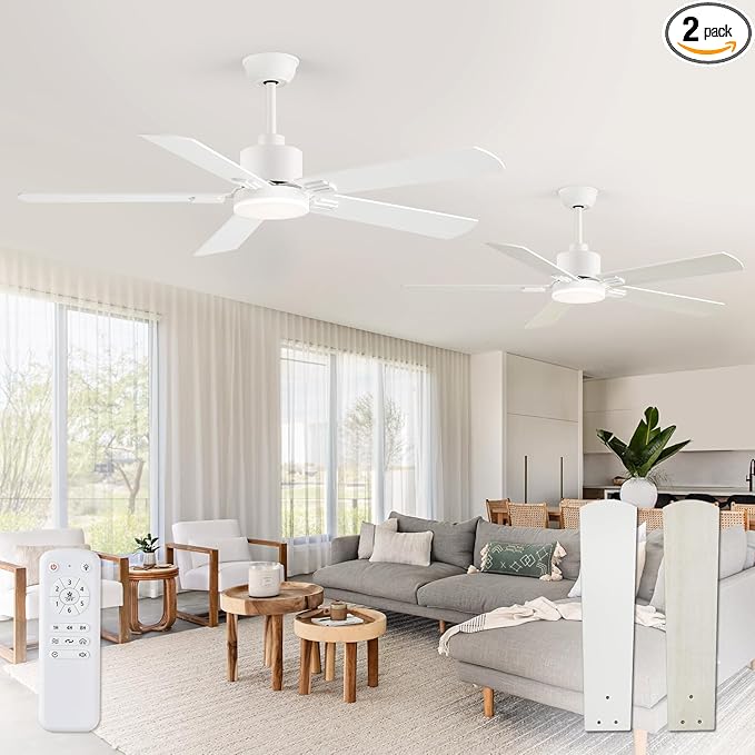 ZMISHIBO 2 Pack 52" Ceiling Fans with Lights, White Modern Ceiling Fan with Remote, Bedroom Indoor Ceiling Fan with Dual Finish Blades, Quiet & Strong Motor, Bright LED Light.