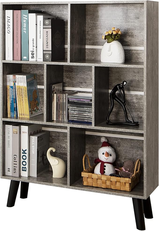 LEYAOYAO Bookshelf Cube Storage Organizer,3 Tier Bookcase with Legs,Modern Wood Open Shelf,Dirty Gray Bookshelfs,Free Standing Display Short Book Shelves for Narrow Space,Bedroom,Living Room,Office