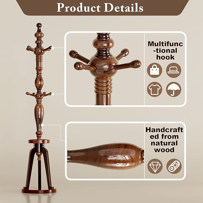 Coat Rack with 8 Hooks, Hall Tree Freestanding with Tray, Wood Coat Tree Heavy Duty with Round Base, Standing Coat Rack, Load Capacity 220 lb, Coat Hanger Stand for Entryway Hallway Office (020-HTS)