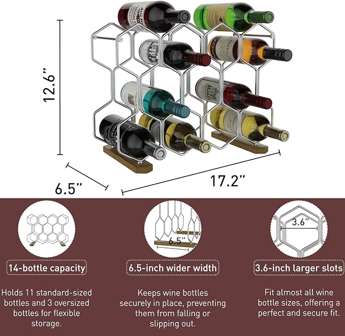 Buruis Countertop Wine Rack with Acacia Base, 14-Bottle Modern Freestanding Metal Holder for Red and White Wine, Tabletop, Kitchen, Bar, and Cabinet Storage (Chrome)