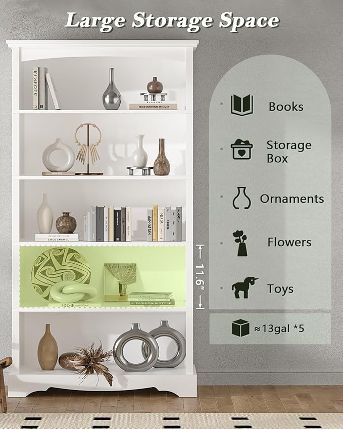 TVU 5-Tier Wooden Bookshelf, 65 Inch Tall Bookshelf with Storage, Floor Standing Modern Style Display Bookcase for Living Room, Office, Study Room, Entryway, White