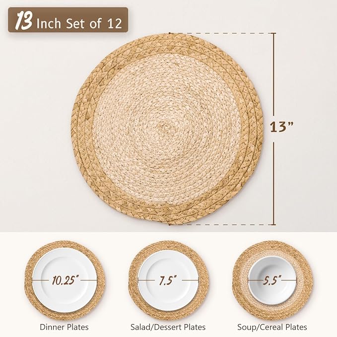 13 in Round Woven Placemats Plate Chargers Set of 12, Boho Farmhouse Rustic Place Mats for Dining Table Decor, Rattan Wicker Table Mats Braided Chargers for Dinner Plates