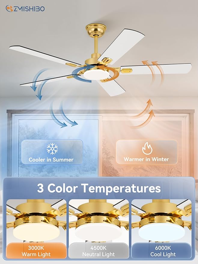ZMISHIBO 52" Ceiling Fans with Lights, Gold Modern Ceiling Fan with Remote, Bedroom Indoor Ceiling Fan with Dual Finish Blades, Quiet & Strong Motor, Bright LED Light