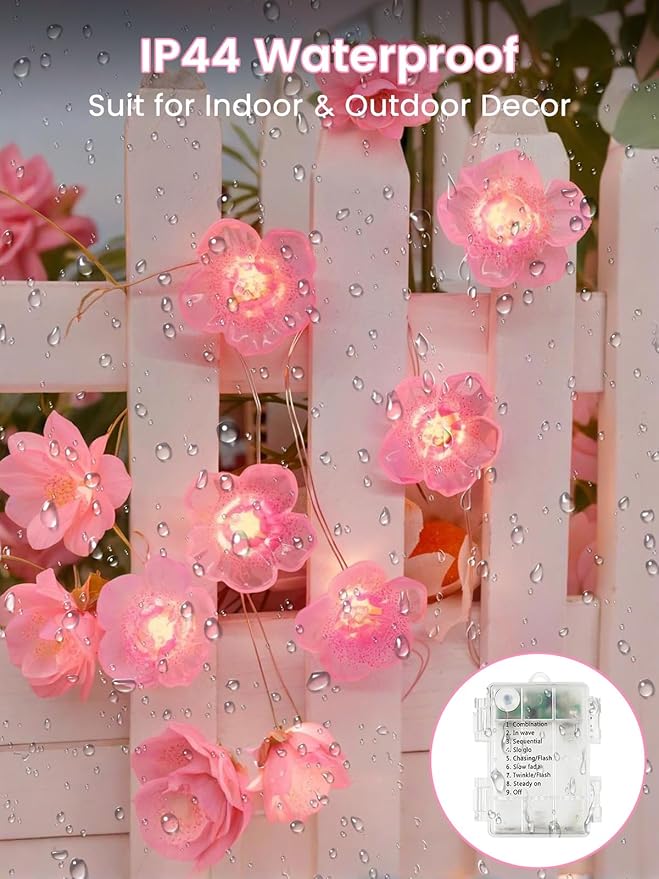 Cherry Blossom Flower String Lights for Bedroom, Pink Fairy Lights Battery Operated with Remote &amp; 8 Modes &amp; Timer, 10ft 30 LED Waterproof String Light Indoor Outdoor for Wedding Home Christmas Decor
