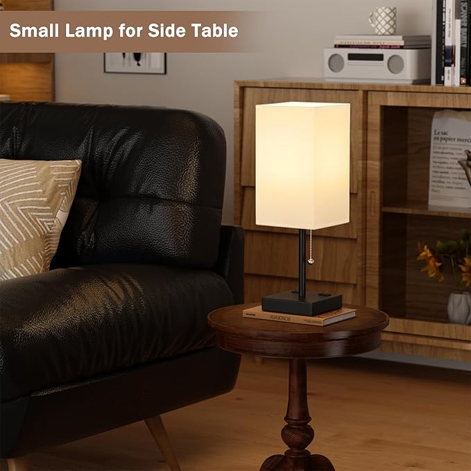 17.4In Tall Table Lamps for Bedroom Set of 2 - 3 Color Bedside Lamps with AC Outlets and USB Ports for Charging, white and Black Square Night Stand light, End DeskLamp for Living Room/Dorm/Office