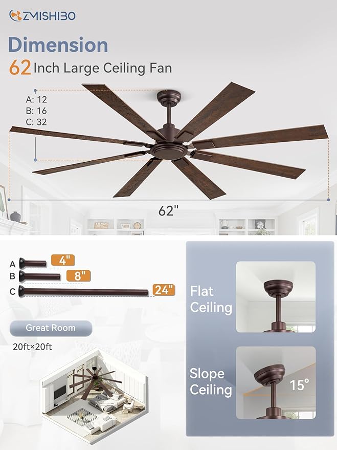 ZMISHIBO 62 Inch Ceiling Fan No Light with Remote Control, 8 Blades Quiet DC Reversible Motor, 6-Speed, Timer, Oil Rubbed Bronze Finish, Indoor Outdoor Ceiling Fans for Patios, Living Room, Garage