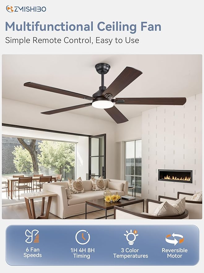 ZMISHIBO 60" Ceiling Fans with Lights, Black Modern Ceiling Fan with Remote, Farmhouse Indoor Ceiling Fan with Dual Finish Blades, Quiet & Strong Motor, Bright LED Light.