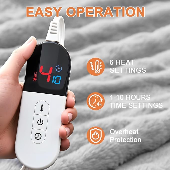 Heated Blanket Electric Throw Blanket 72''X 84''-Heating Blanket with 6 Heat Settings-4/10 Hours Auto Off,Cozy Faux Rabbit Fur Bubble Electric Blanket,Light Gray