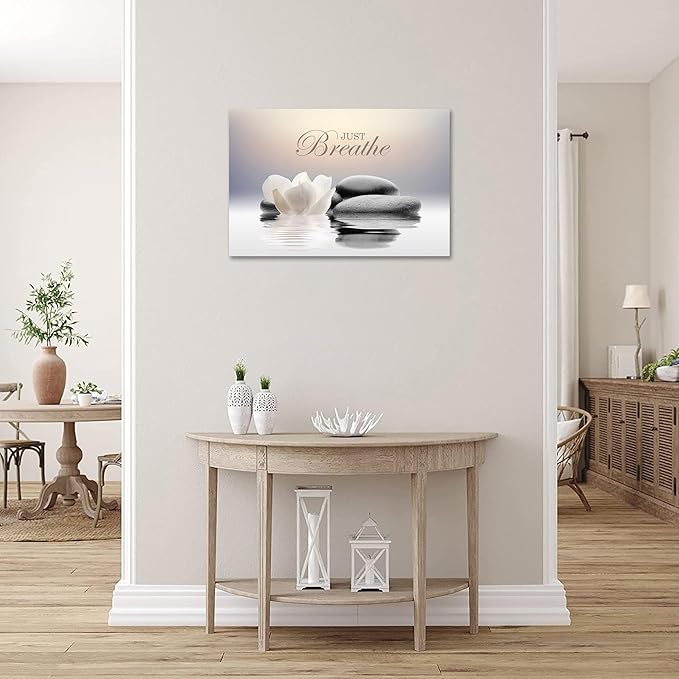 Zen Stone Canvas Wall Art Just Breathe Yoga Quotes Poster for Spa Decor White Lotus Flower Pictures Prints for Bathroom Modern Spiritual Artwork Framed (24 x 36inches)