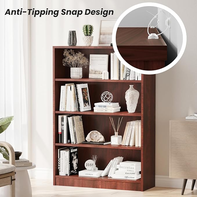 Farini 4 Shelf boockase Display Bookcase Freestanding Wooden Bookshelfs for Home Office Living Room,48 Inch Height，Cherry