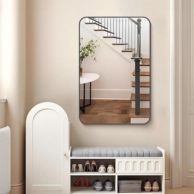 FORBATH Bathroom Mirror 24 x 36 Inches，Black Wall Mirror Aluminum Frame Wall Mounted Rounded Corner Morndern Mirror for Bathroom Bedroom Entryway Living Room