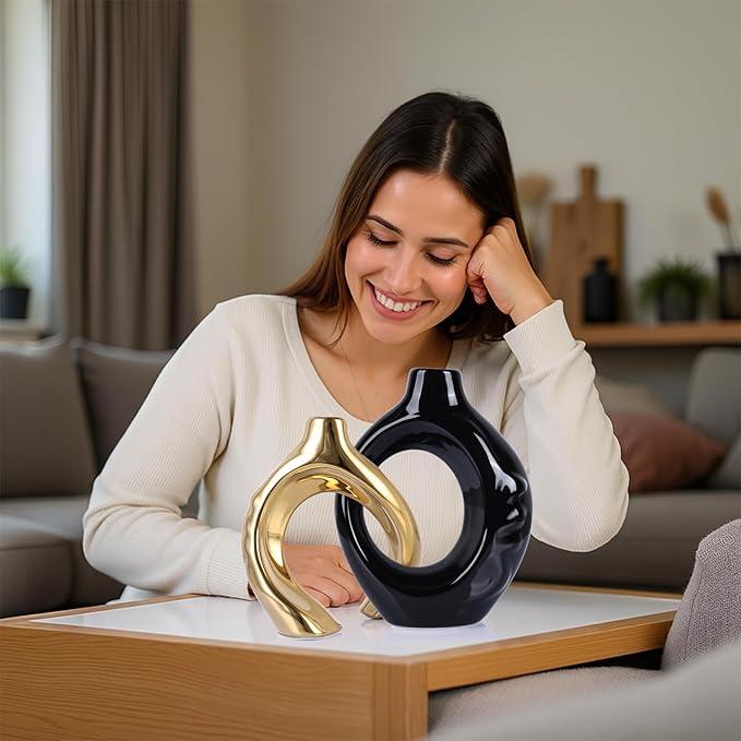 LCCCK Boho Black and Gold Ceramic Vases for Home Decor - Small Hollow Donut Vases for Living Room Table Wedding Centerpiece