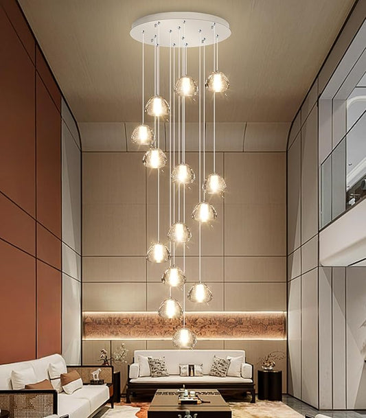 14-Light Modern Chandeliers for Entrance High Ceiling Chandelier Long Lights Fixture LED Ceiling Light Bubble Crystal for Hallway Foyer Stairwell