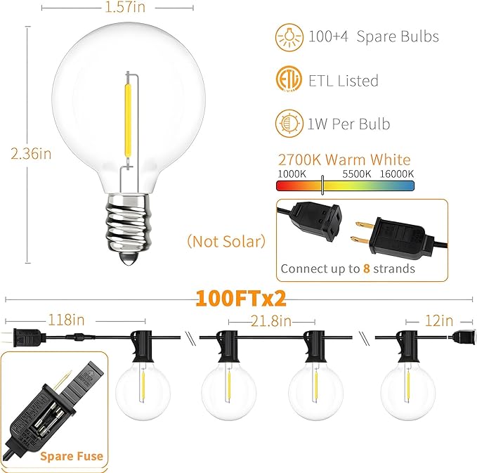 Svater Outdoor String Lights 200 FT, Patio Lights with 104 Shatterproof LED Bulbs, Commercial Grade Waterproof Plastic Hanging Light for Bistro Backyard Cafe Market, Warm White 2700K (2 X 100 FT)