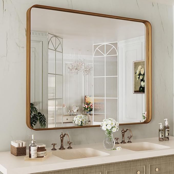 LOAAO 40X30 Inch Bathroom Mirror with Wood Grain Colored Metal Frame, Rounded Rectangle Metal Framed Bathroom Mirror, Anti-Rust, Hangs Horizontally or Vertically, Tempered Glass
