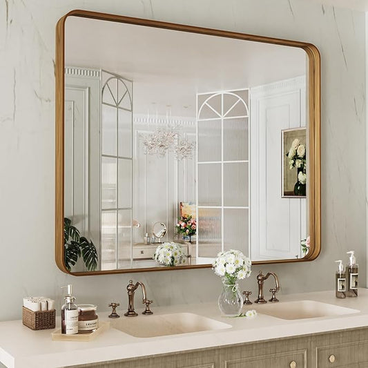 LOAAO 40X30 Inch Bathroom Mirror with Wood Grain Colored Metal Frame, Rounded Rectangle Metal Framed Bathroom Mirror, Anti-Rust, Hangs Horizontally or Vertically, Tempered Glass