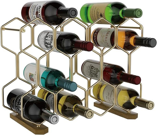 Buruis Countertop Wine Rack with Acacia Base, 14-Bottle Modern Freestanding Metal Holder for Red and White Wine, Tabletop, Kitchen, Bar, and Cabinet Storage (Gold)