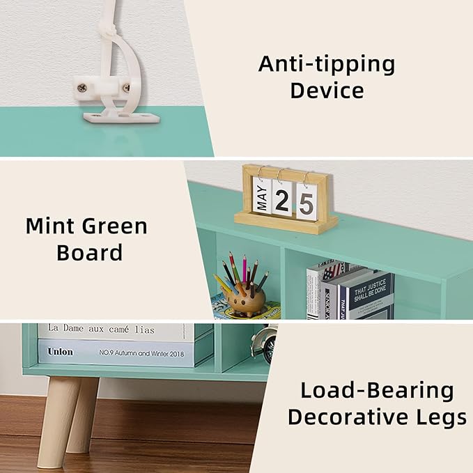 LEYAOYAO 8 Cube Bookshelf 3-Tier Bookcase with Legs, Mint-Green Kids Book Shelf Cute Storage Organizer, Large Open Toy Shelves Modern Bookshelfs,Display Bookcases for Bedroom,Living Room,Nursery