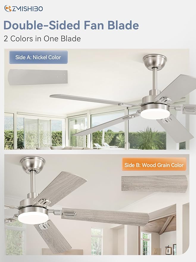 ZMISHIBO 52" Ceiling Fans with Lights, Nickel Modern Ceiling Fan with Remote, Bedroom Indoor Ceiling Fan with Dual Finish Blades, Quiet & Strong Motor, Bright LED Light.