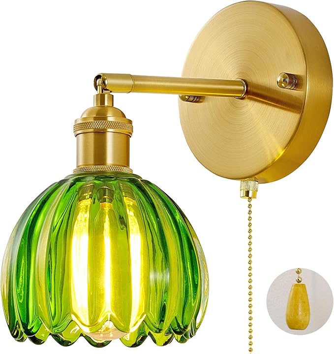 Vintage Wall Sconce 1 Pack, Green Glass Shade Gold Wall Lamp with 12 Inch Cable Switch, Modern Bathroom Wall Sconces for Bedroom Corner Hallway
