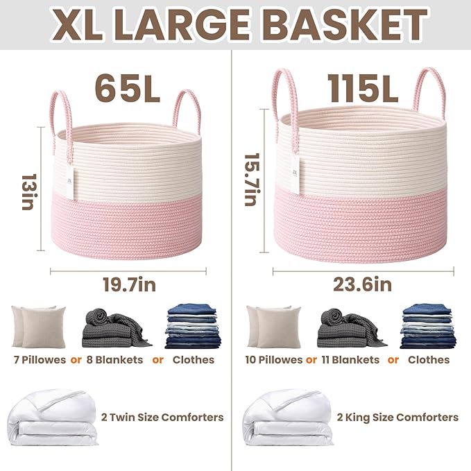 Woven Blanket Basket,115L Large Rope Storage Bin with Handles, Organizer for Blankets Toys Book and Clothes, Laundry Basket for Living Room Bedroom Nursery,White&amp;Pink