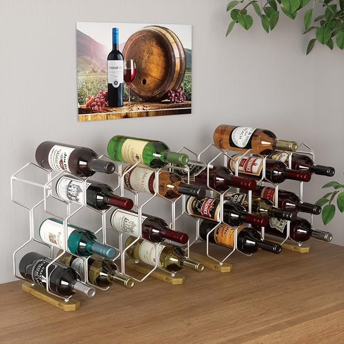 Buruis Countertop Wine Rack with Acacia Base, 14-Bottle Modern Freestanding Metal Holder for Red and White Wine, Tabletop, Kitchen, Bar, and Cabinet Storage (Chrome)