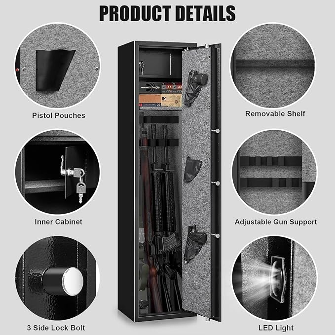 8-12 Gun Safe, Biometric Rifle Safe, 57"Heavy Duty Long Gun Cabinet for Rifles and Shotguns, Quick Access Gun Cabinet for Home Rifles and Pistols with LCD Keypad, Dual Alarm System