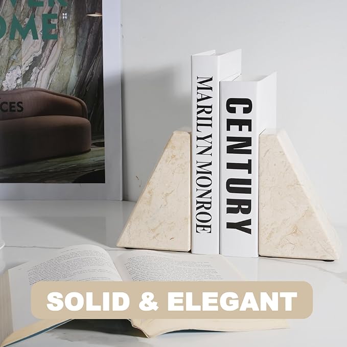 Marble Book Ends Decorative, Unique Bookends for Shelves, Bookends to Hold Heavy Books, Durable Book Holder Stopper for Home Office Desk Bookshelf Decoration, Turkey Natural Marble, Set of 2