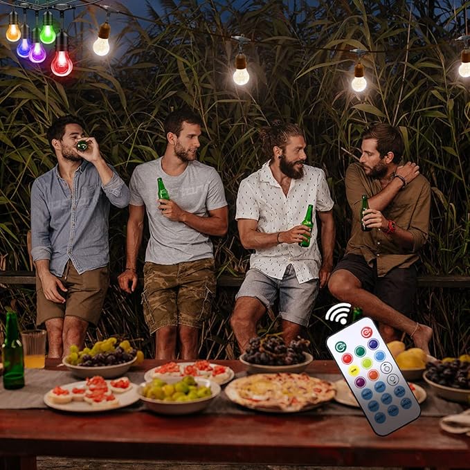 48FT Outdoor RGB String Lights, 16 Shatterproof Edison Bulbs, Dimmable Color Changing Patio Lights with Remote Control. Perfect for Bistro Commercial LED Decorative Lighting