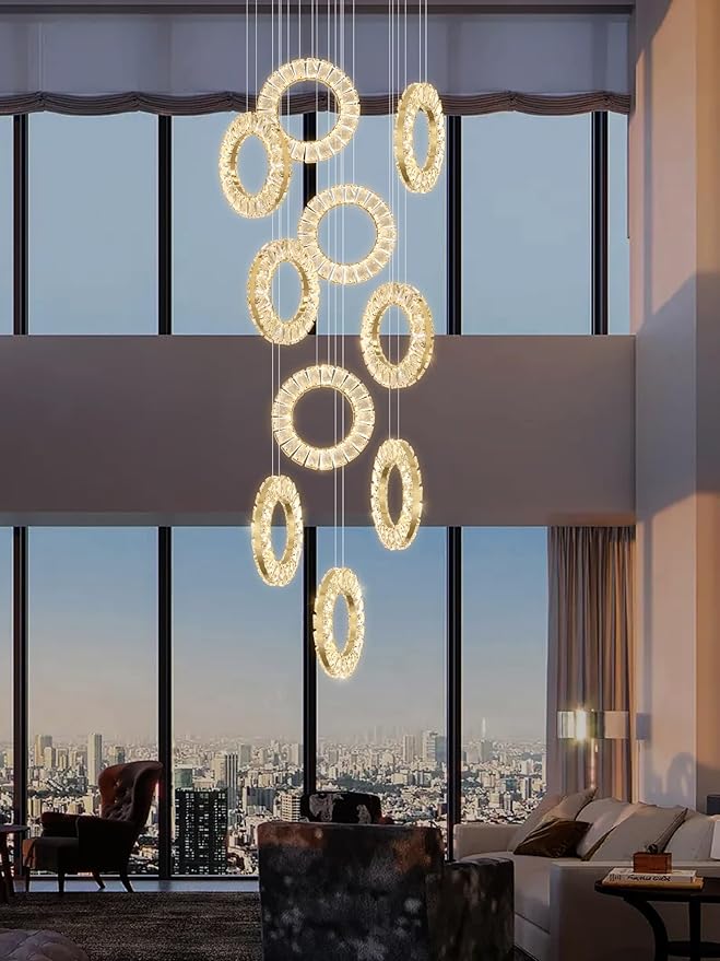 10 Rings High Ceiling Chandelier,Gold Rings Chandeliers,Staircase Chandelier with Remote,Foyer Chandeliers Entryway High Ceilings