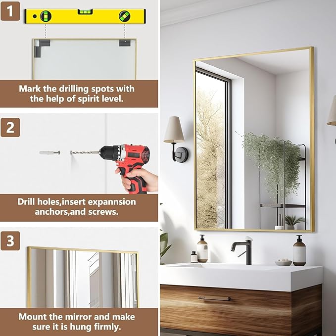 Gold Bathroom Mirror, 22"x30" Rectangle Mirror, Brushed Gold Mirror, Metal Frame Square Corner Vanity Mirror, Wall Mounted Mirror for Modern, Living Room, Bedroom, Horizontal Or Vertical