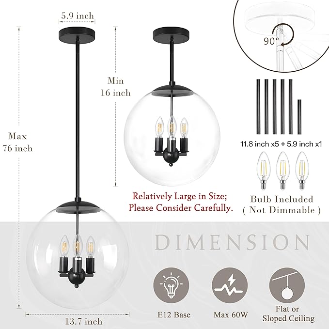 13.7" Globe Pendant Light 3-Light Black Mid Century Pendant Light Clear Glass Lights Kitchen Island Mid Century Adjustable Hanging Farmhouse Globe Fixtures for Living Room Lobby