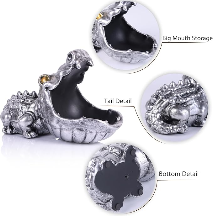 Alligator Statue Key Bowl, Fun Animal Statue Candy Dish for Entryway Decorative Bowl, Office Candy Dish, Big Mouth Sculpture Home Living Room Trinket Container Storage Box (Silver)