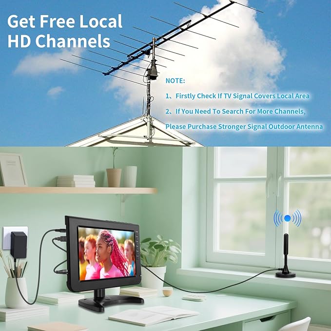 10.1inch Portable TV,720P Screen Small Television with Antenna and Digital ATSC Tuner,HDMI USB Port,12 Volt Charger Cable/AC Power for Caravan and Kitchen