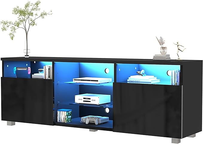 St.Mandyu LED TV Stand for 75/80 inch TV, Modern Television Table Center Media Console with Drawer and Led Lights, High Glossy Entertainment Center for Living Game Room Bedroom(Black)