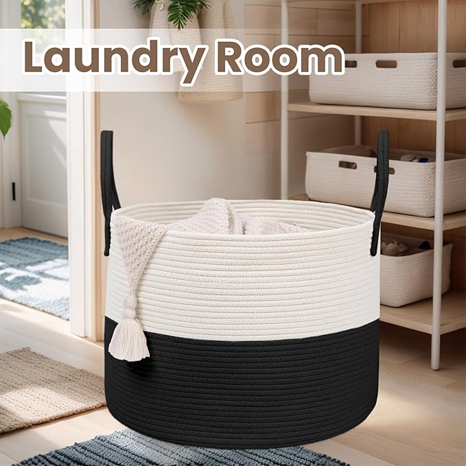 Woven Blanket Basket,65L Large Rope Storage Bin with Handles, Organizer for Blankets Toys Book and Clothes, Laundry Basket for Living Room Bedroom Nursery,White&amp;Black
