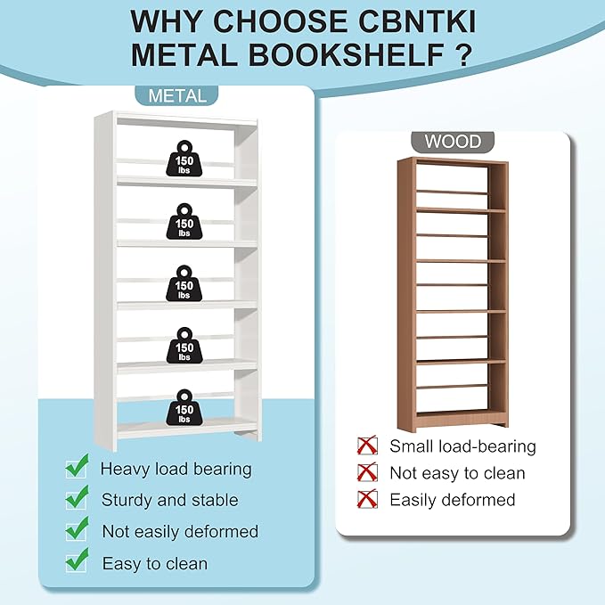 69" White Bookshelf, 5 Tier Tall Bookcase with Bookend, Large Metal Book Shelf Display Storage Shelves for Bedroom Living Room Office