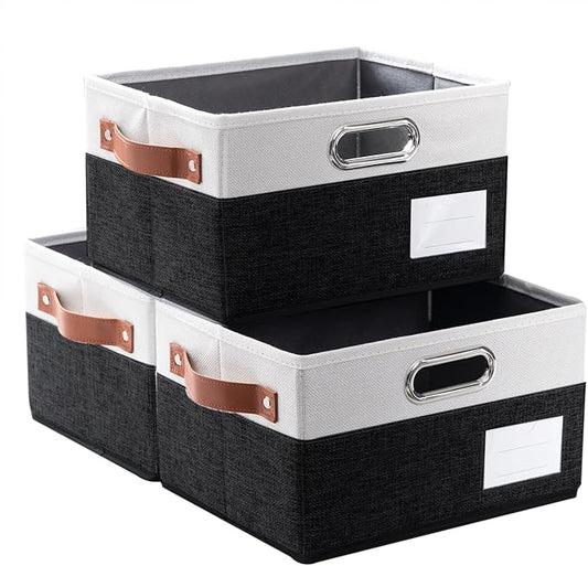 PRANDOM Foldable Storage Bins with Handles [3-Pack] Fabric Collapsible Storage Boxes Baskets Cubes Containers with Handles for Closet Living Room Bedroom (Black &amp; White 11.5x8.5x6.7'')