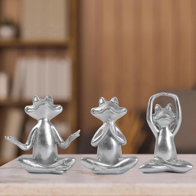 Silver Frog Figurines Yoga Decor Set of 3 –Frog Yoga Statues for Modern Living Room Table Office Bookshelf Shelves Home Sculptures Decor, for Mom Dad Women