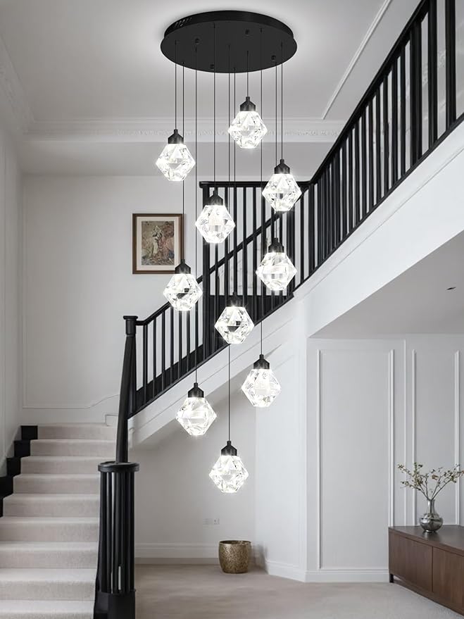 10-Light Chandelier Staircase Chandeliers for High Ceilings Crystal Chandeliers for Living Room Black Pendant Light Dimmable LED Hanging Light with Remote