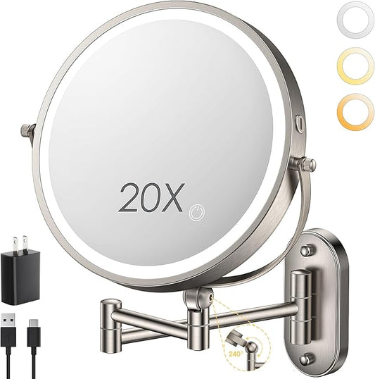 9" Wall Mounted Lighted Makeup Mirror,4000mAh Rechargeable Double Sided 1X/20X Magnifying Mirror with Light,Touch Dimmable,Extended Arm 360 Rotation Wall Mounted Makeup Mirror 3 Color Lights-N