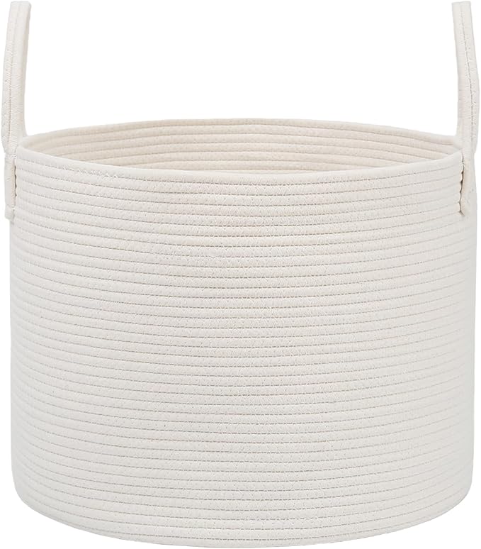 Woven Blanket Basket,115L Large Rope Storage Bin with Handles, Organizer for Blankets Toys Book and Clothes, Laundry Basket for Living Room Bedroom Nursery,White