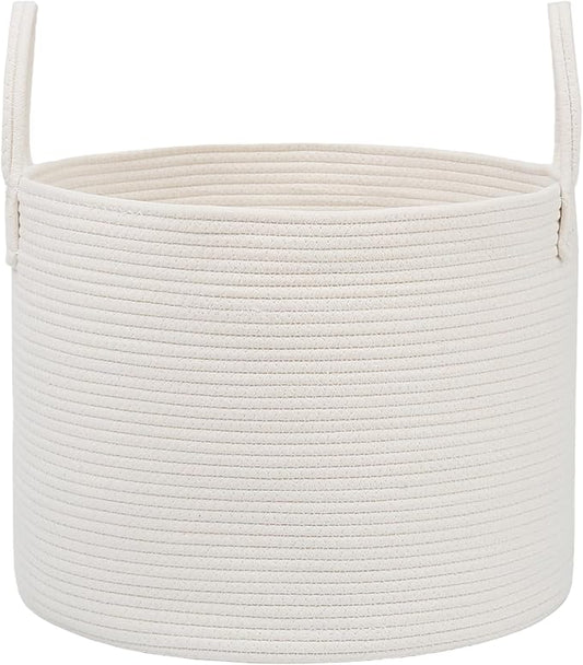 Woven Blanket Basket,115L Large Rope Storage Bin with Handles, Organizer for Blankets Toys Book and Clothes, Laundry Basket for Living Room Bedroom Nursery,White