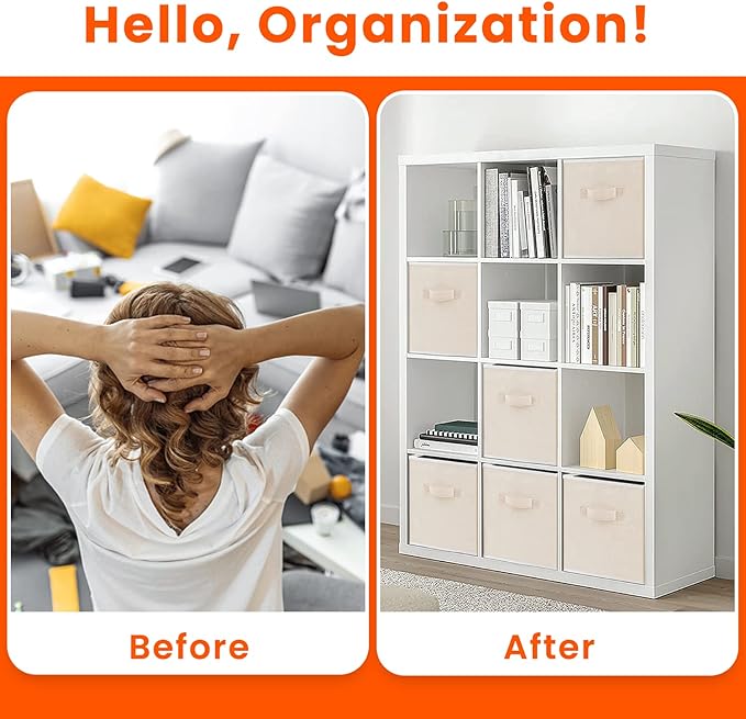 Criusia Storage Cubes - 11 Inch Heavy Duty Fabric Storage Bins for Shelves Closet Cube Organizer - 8 Pack Collapsible Cube Storage Bins Baskets for Clothes Blankets Toys - Nursery Organization (Beige)