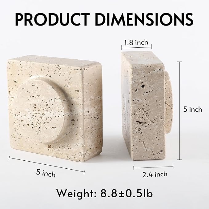 Koville Marble Square Book Ends, Heavy Duty Book Holders, Bookends for Shelves, Office Bookshelf Decor for CDs/Video Games (Travertino Romano)