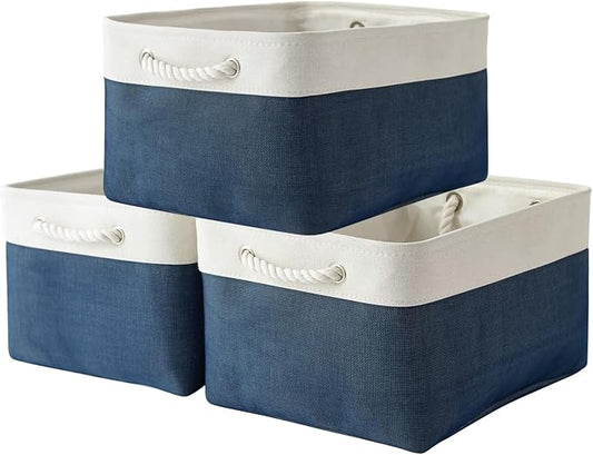 Organization and Storage Basket for Shelves - 16x12x8 inch Large 3 Pack Canvas Storage Bin Collapsible Baskets for Organizing, Fabric Storage Cubes for Cloth Laundry (White&amp;Deep Blue)