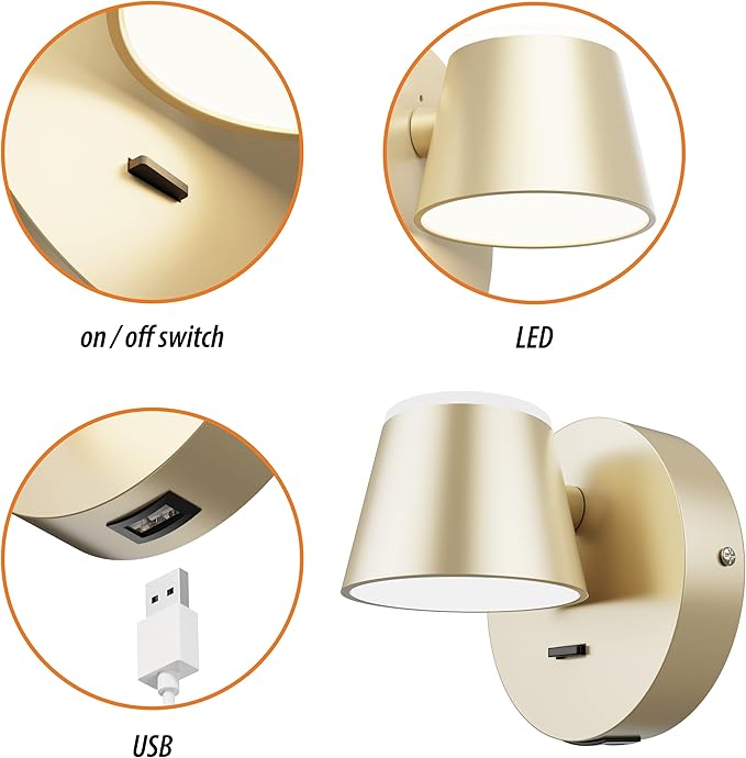 URSOLA Wall Light Set of Two, LED Wall Sconce with On/Off Switch USB Charging Port 110 Volt Hardwired Wall Lamp 350 Rotatable Up Down Sconces Wall Lighting (Champaign)