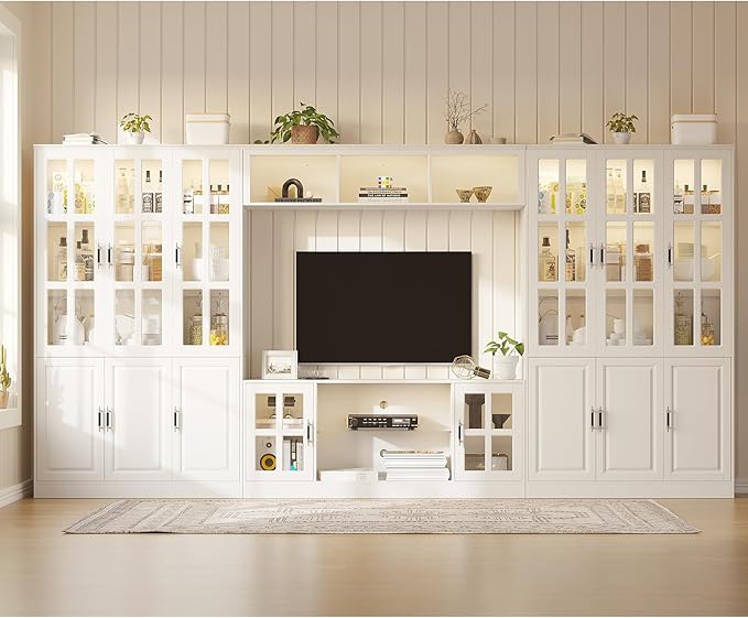 MEISSALIVVE 4-Piece Wall Unit TV Stand with Storage & LED Lights for TVs up to 75", Modern Entertainment Center with Bookshelves & 6-Door Pantry Cabinet, White