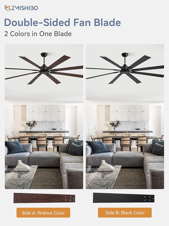 ZMISHIBO 80 Inch Ceiling Fan No Light with Remote Control, 8 Blades Quiet DC Reversible Motor, 6-Speed, Timer, Black Finish, Indoor Outdoor Ceiling Fans for Patios, Living Room, Garage