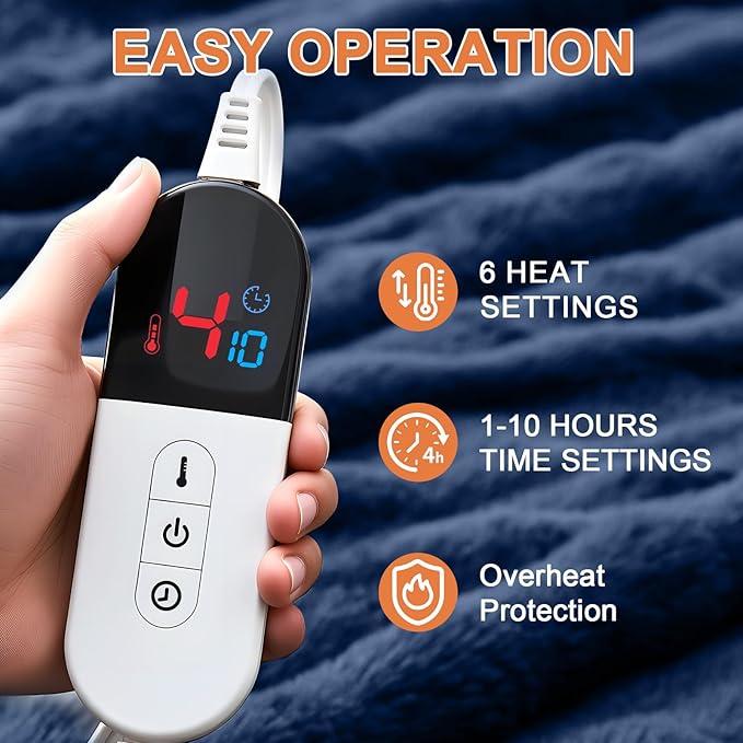 Heated Blanket Electric Throw Blanket 62''X 84''-Heating Blanket with 6 Heat Settings-4/10 Hours Auto Off,Cozy Faux Rabbit Fur Bubble Electric Blanket,Navy Blue